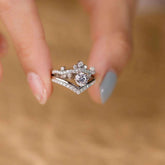 stacked crown and chevron lab diamond rings, sparkling duo view