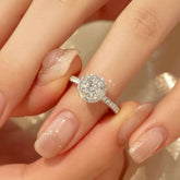 Radiant Halo lab diamond ring sparkling between hands, close-up