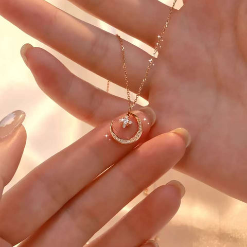 18K Gold Crescent Moon Star Pendant Necklace Lab-Grown Diamond Minimalist Chain Elegant Celestial Jewelry for Women