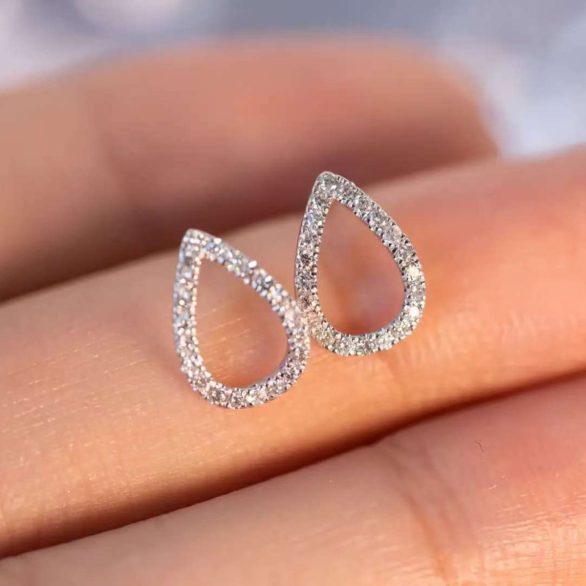 Dew-Halo Mini Studs Solid 14 K / 18 K Gold Pavé Lab Diamond Open-Pear Earrings