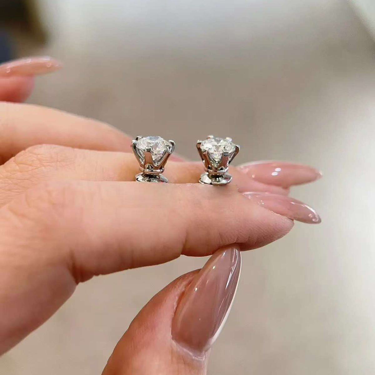 Prism-Six Solitaires Natural Diamond 6-Prong Stud Earrings in 18 K White Gold