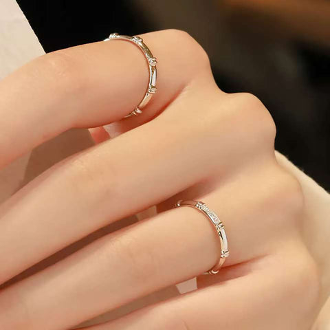 Bamboo Pave & Plain Band Duo | 18K Gold Couple Rings | Eastern Aesthetic