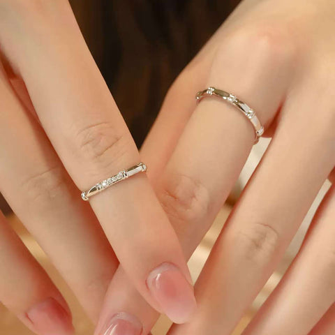 Bamboo Pave & Plain Band Duo | 18K Gold Couple Rings | Eastern Aesthetic
