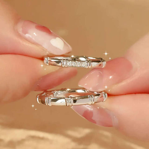 Bamboo Pave & Plain Band Duo | 18K Gold Couple Rings | Eastern Aesthetic