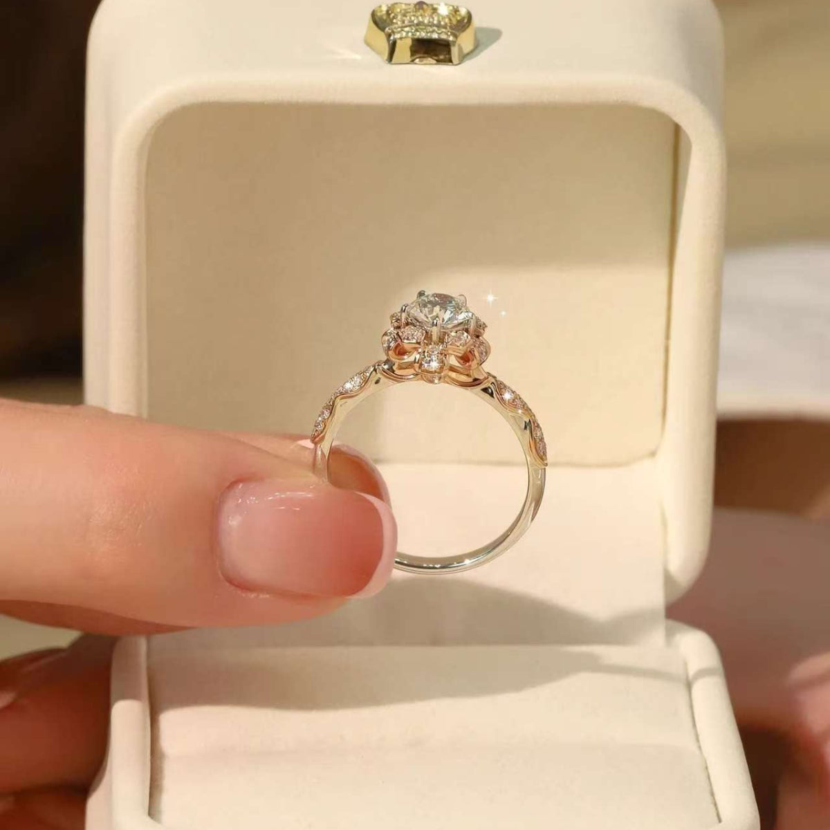 1 carat lab-grown diamond ring in floral halo rose gold setting