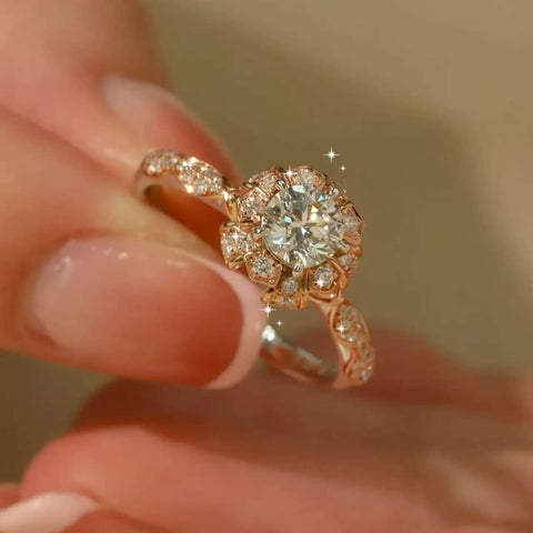 Elegant lab-created diamond engagement ring with petal-inspired halo in rose gold