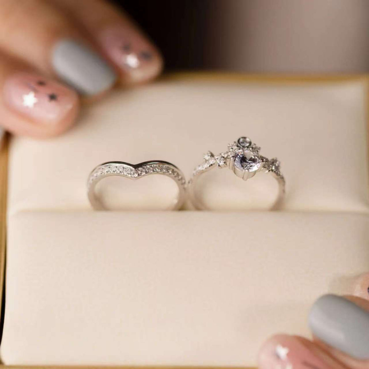 crown lab diamond ring and pavé chevron band set in 14K white gold