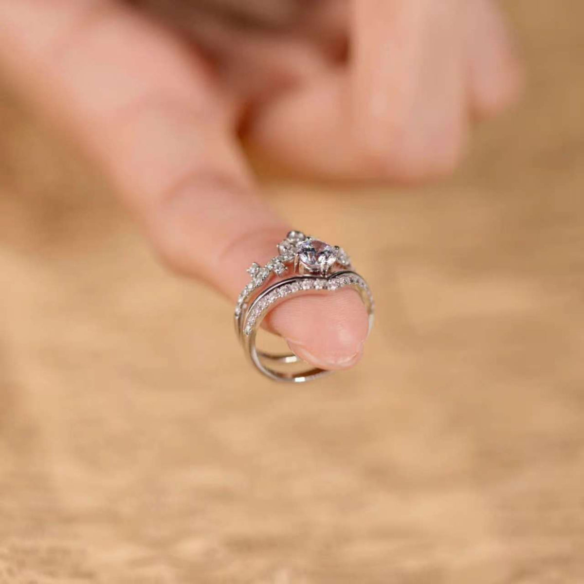 side profile of crown lab diamond ring set, pavé gallery detail