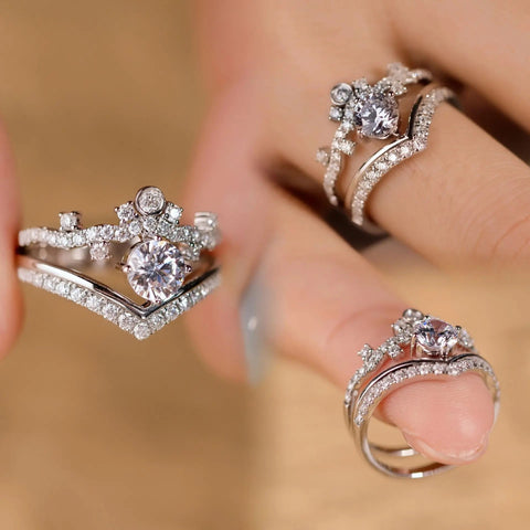 collage of crown lab diamond ring set, halo accents and milgrain