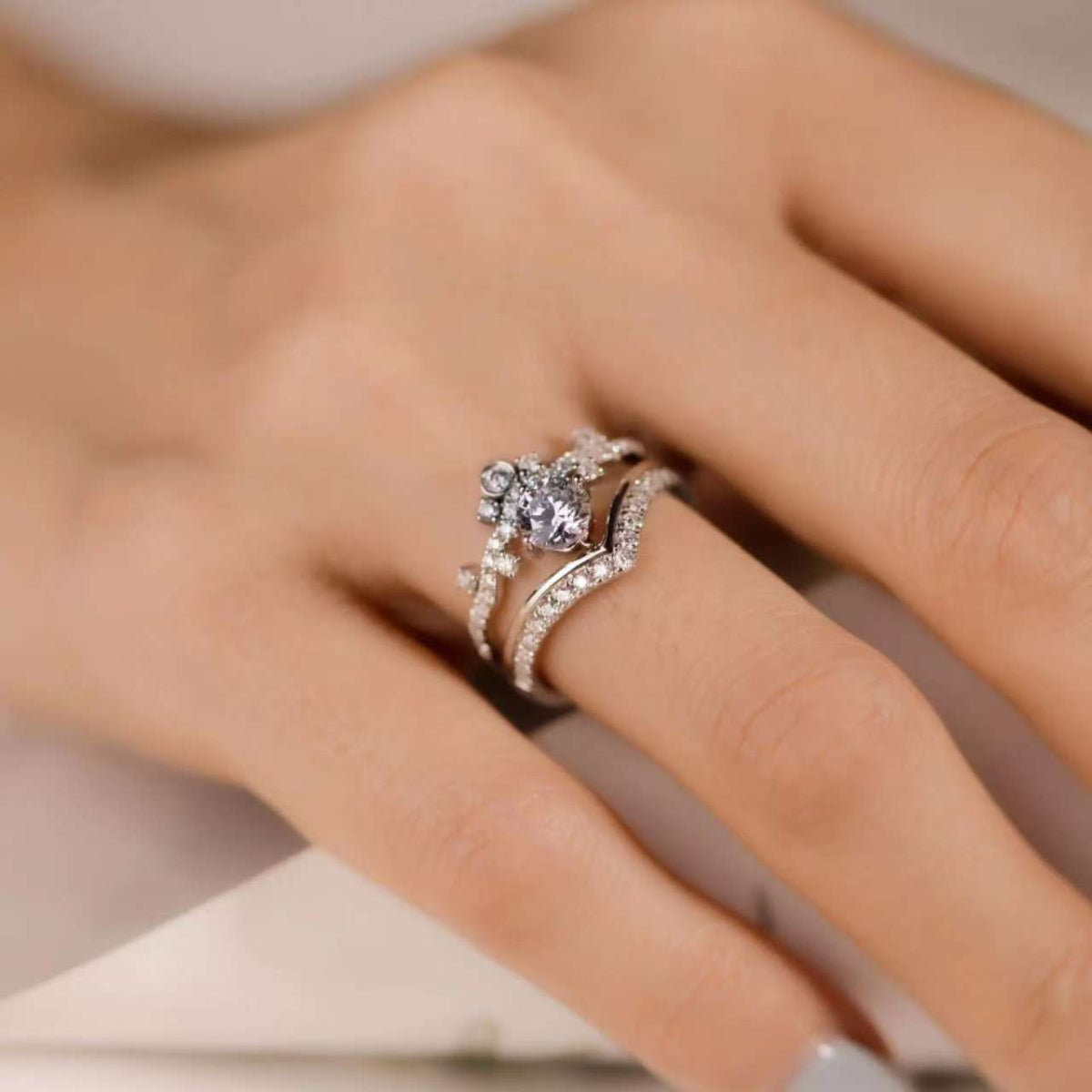 lab-grown diamond crown ring set worn together, modern bridal stack