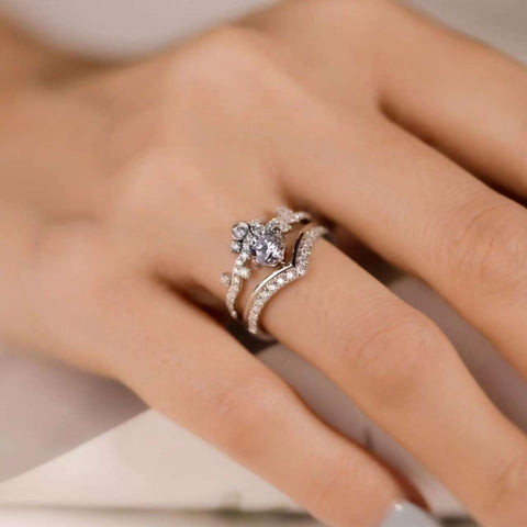 lab-grown diamond crown ring set worn together, modern bridal stack