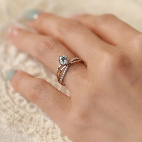 Luxury ring box with criss-cross lab diamond engagement ring, ready to gift