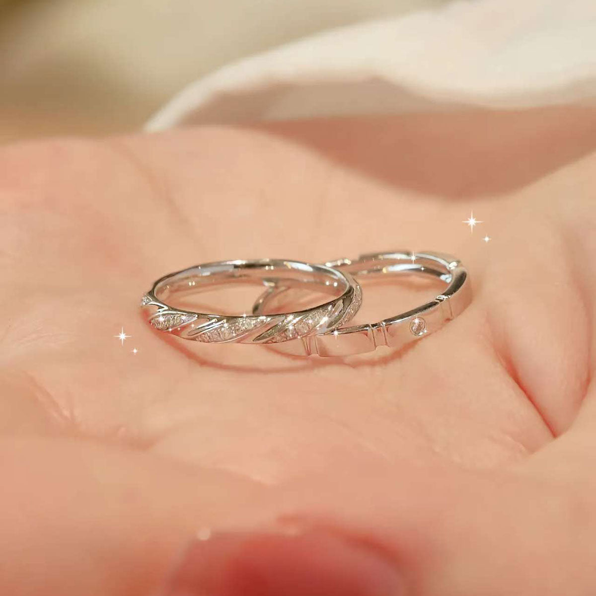 Twisted Pave & Smooth Band Duo | 14K/18K Gold Couple Wedding Rings