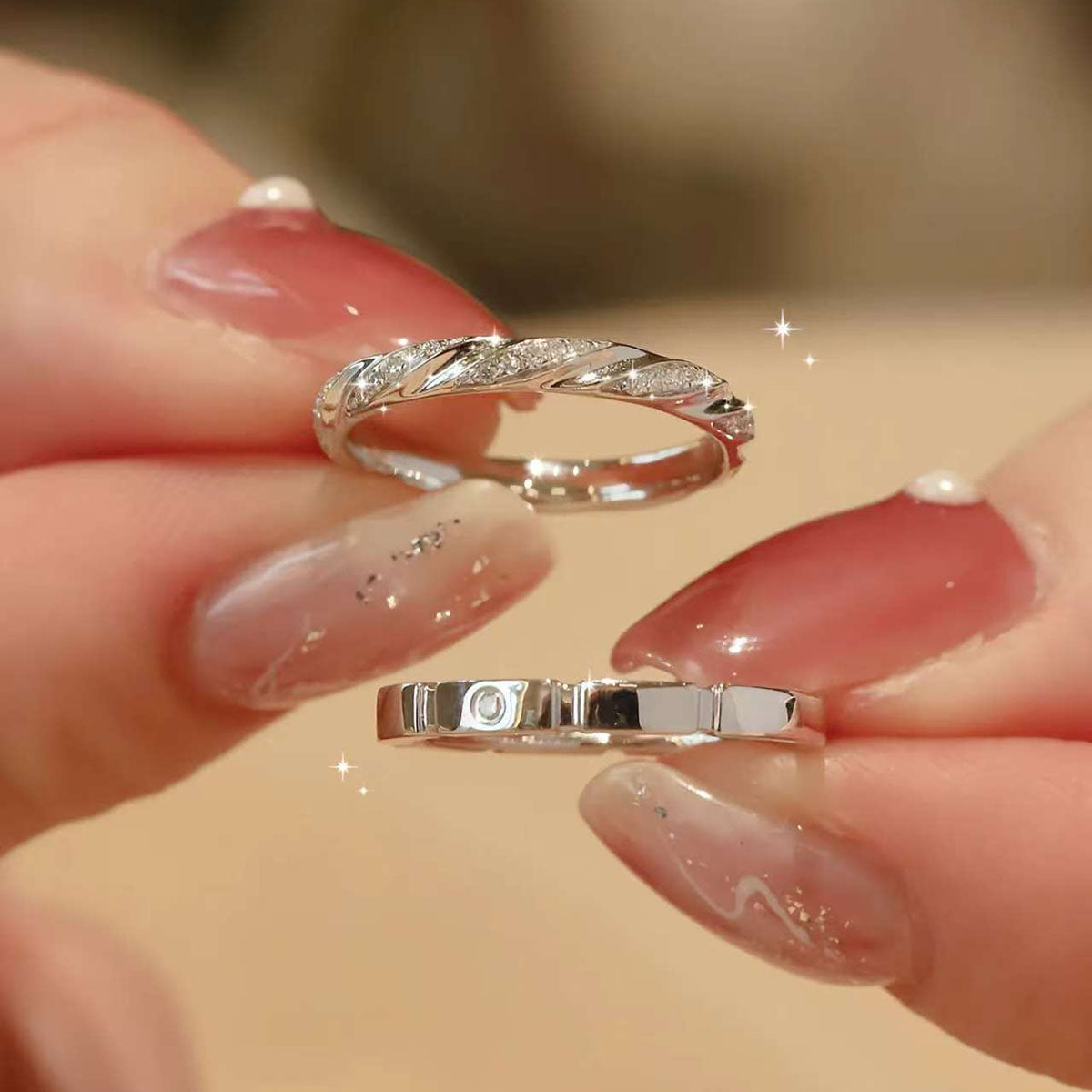 Twisted Pave & Smooth Band Duo | 14K/18K Gold Couple Wedding Rings