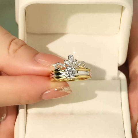Three-piece crown enhancer ring set with 1 carat lab diamond in cream jewelry box