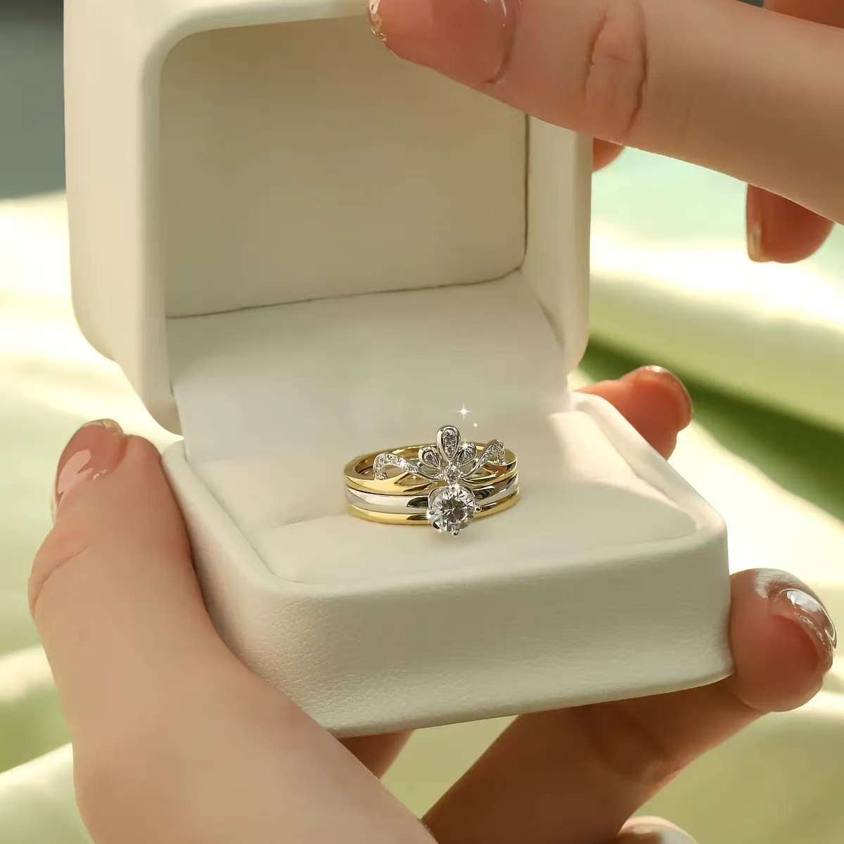 Elegant stackable lab diamond wedding ring set displayed in box
