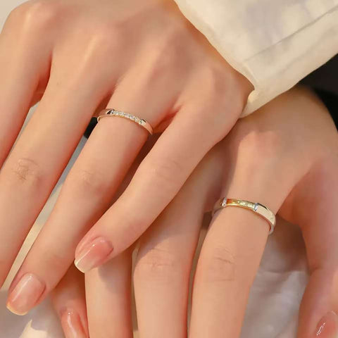 Gold Diamond Couple Rings with 1 Carat Diamonds and Modern Minimalist Style