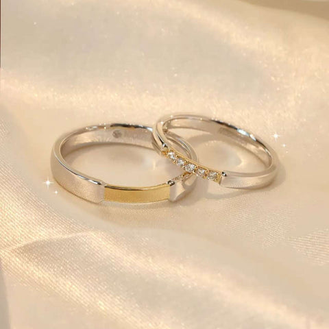 Gold Diamond Couple Rings with 1 Carat Diamonds and Modern Minimalist Style