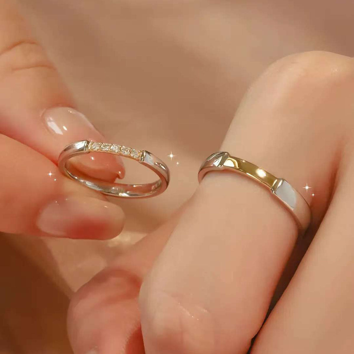Two-Tone Pave Diamond Couple Rings | 14K/18K Gold Lab-Grown Diamond Wedding Bands | Unique Design