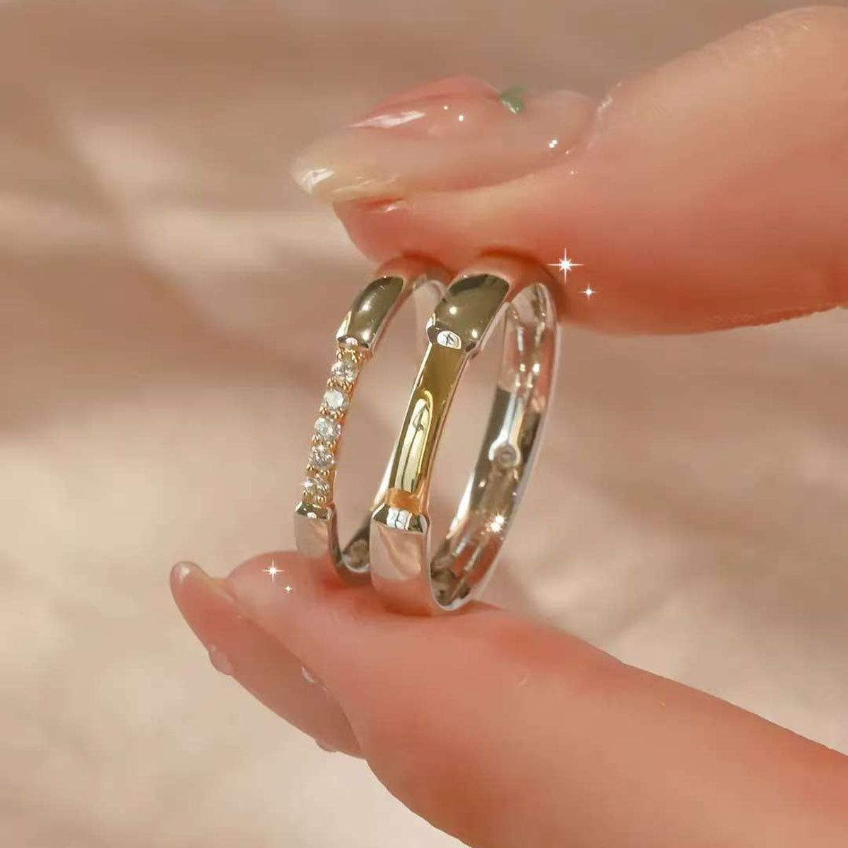 Two-Tone Pave Diamond Couple Rings | 14K/18K Gold Lab-Grown Diamond Wedding Bands | Unique Design