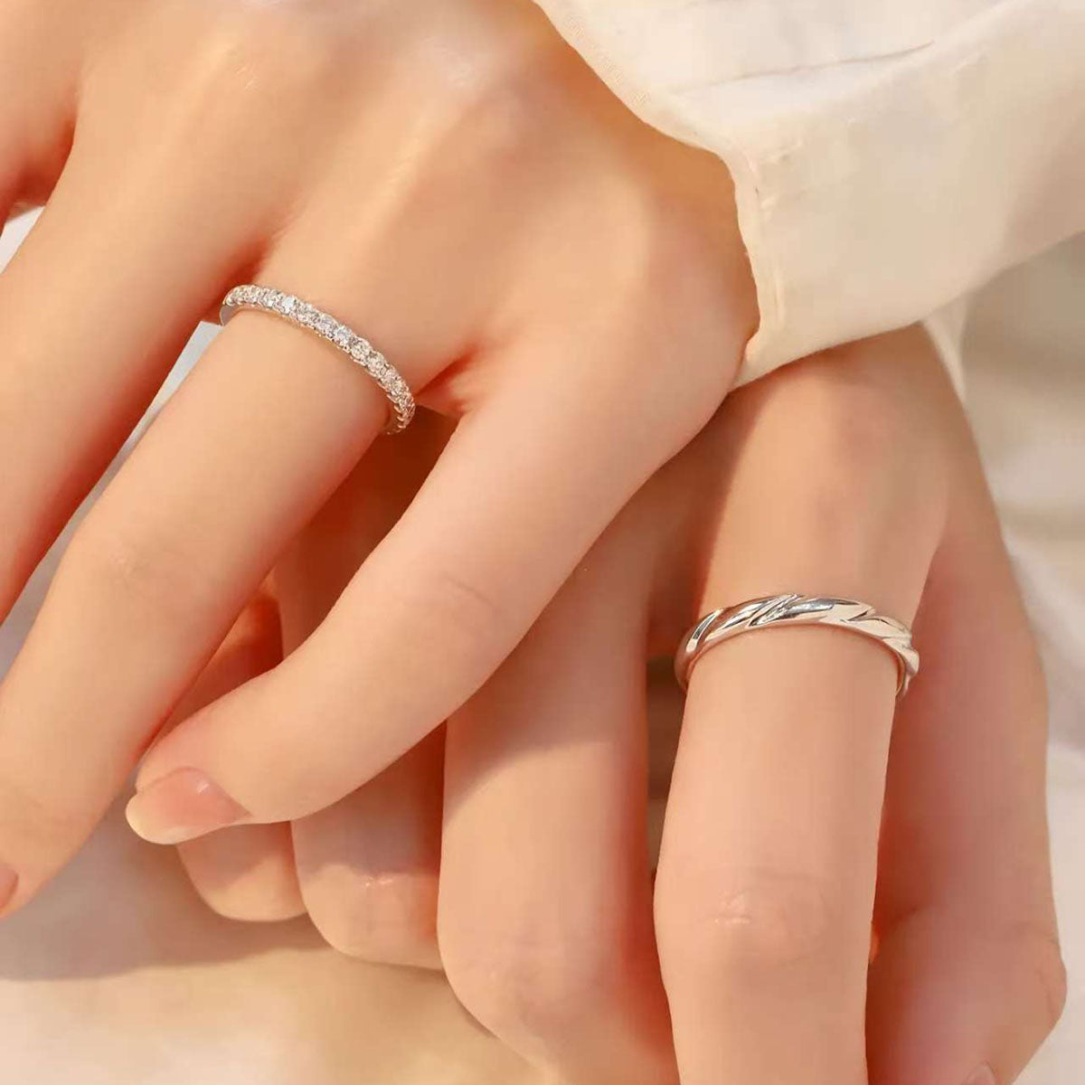 Modern Minimalist Couple Rings, Diamond and Twisted Metal Design, 0.8 Carat Dazzling Sparkle