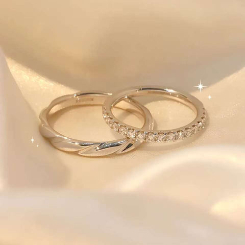 Modern Minimalist Couple Rings, Diamond and Twisted Metal Design, 0.8 Carat Dazzling Sparkle