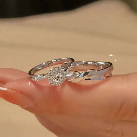 Floral Solitaire & Twisted Couple Rings | 14K/18K Gold Lab Diamond Wedding Set