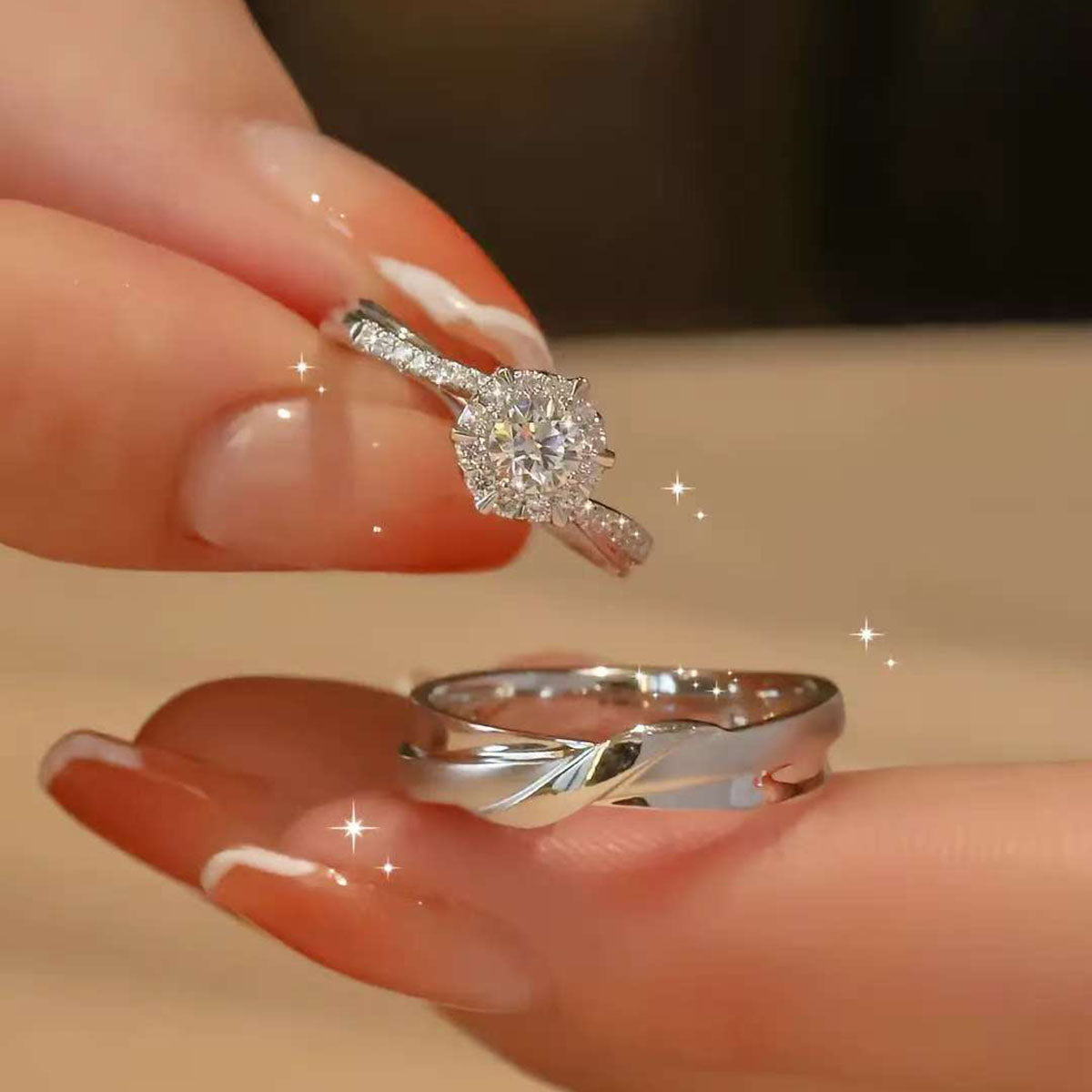 Floral Solitaire & Twisted Couple Rings | 14K/18K Gold Lab Diamond Wedding Set