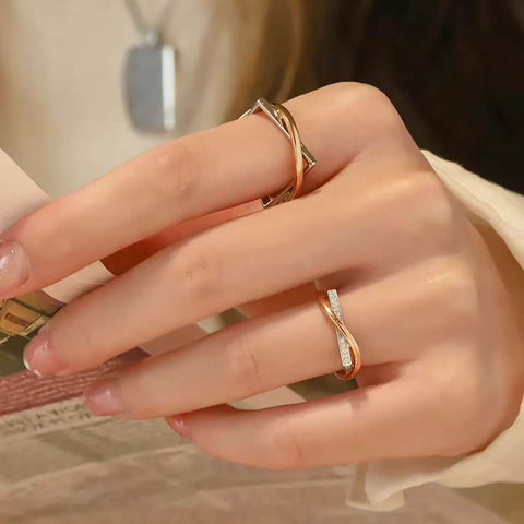 Geometric Two-Tone Couple Rings | 14K/18K Gold Twisted Pave Wedding Bands