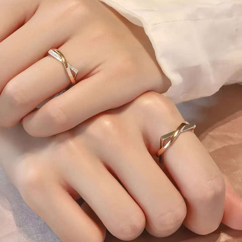 Geometric Two-Tone Couple Rings | 14K/18K Gold Twisted Pave Wedding Bands