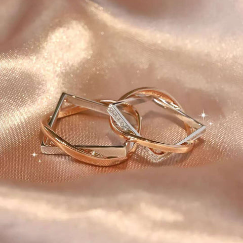 Geometric Two-Tone Couple Rings | 14K/18K Gold Twisted Pave Wedding Bands