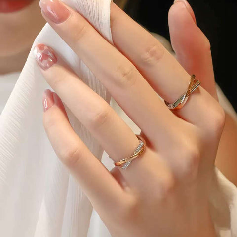 Geometric Two-Tone Couple Rings | 14K/18K Gold Twisted Pave Wedding Bands