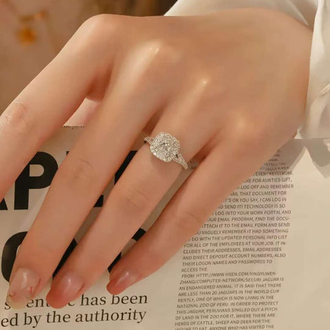 sparkling cushion halo ring magazine flatlay