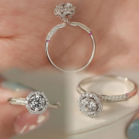 halo lab diamond ring collage, pavé band and hidden ruby details, 18K white gold