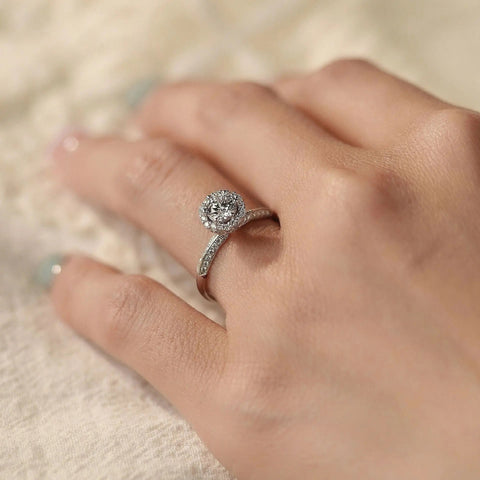 round halo lab diamond ring top view, sparkling pavé shank, ethical bridal jewelry