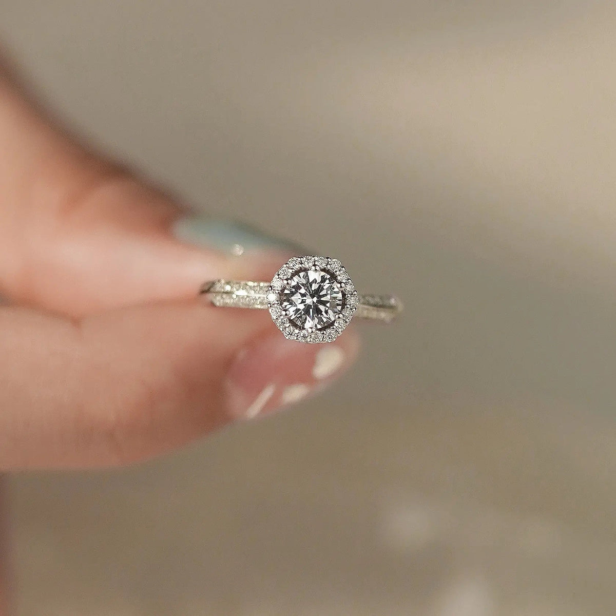 close-up halo engagement ring, 0.6ct center lab diamond, micro-pavé halo