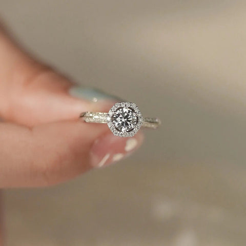 close-up halo engagement ring, 0.6ct center lab diamond, micro-pavé halo