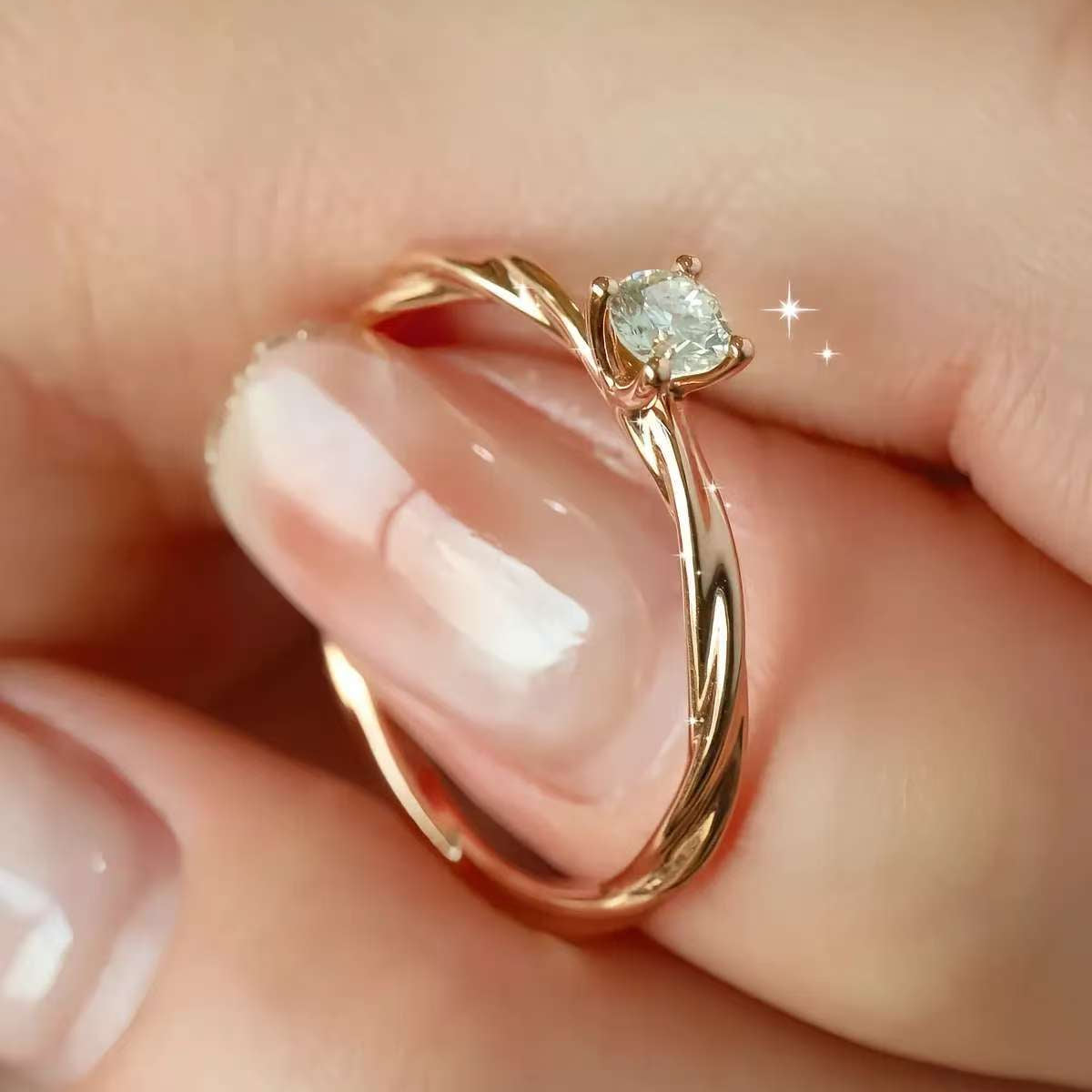 minimalist rose gold diamond ring, four prong setting
