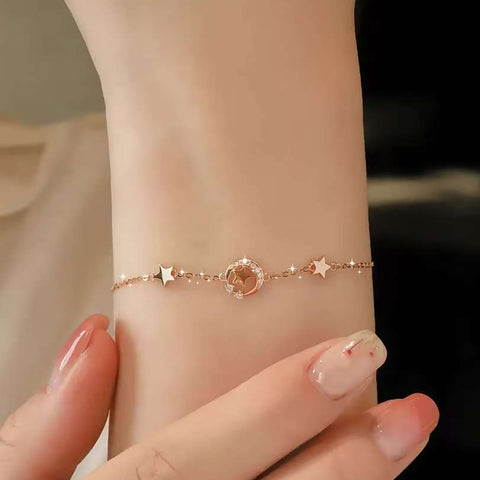 Starlit Wishes 18K Gold Moon and Star Bracelet Dainty Celestial Jewelry Adjustable Rose Gold Chain with Lab Diamond