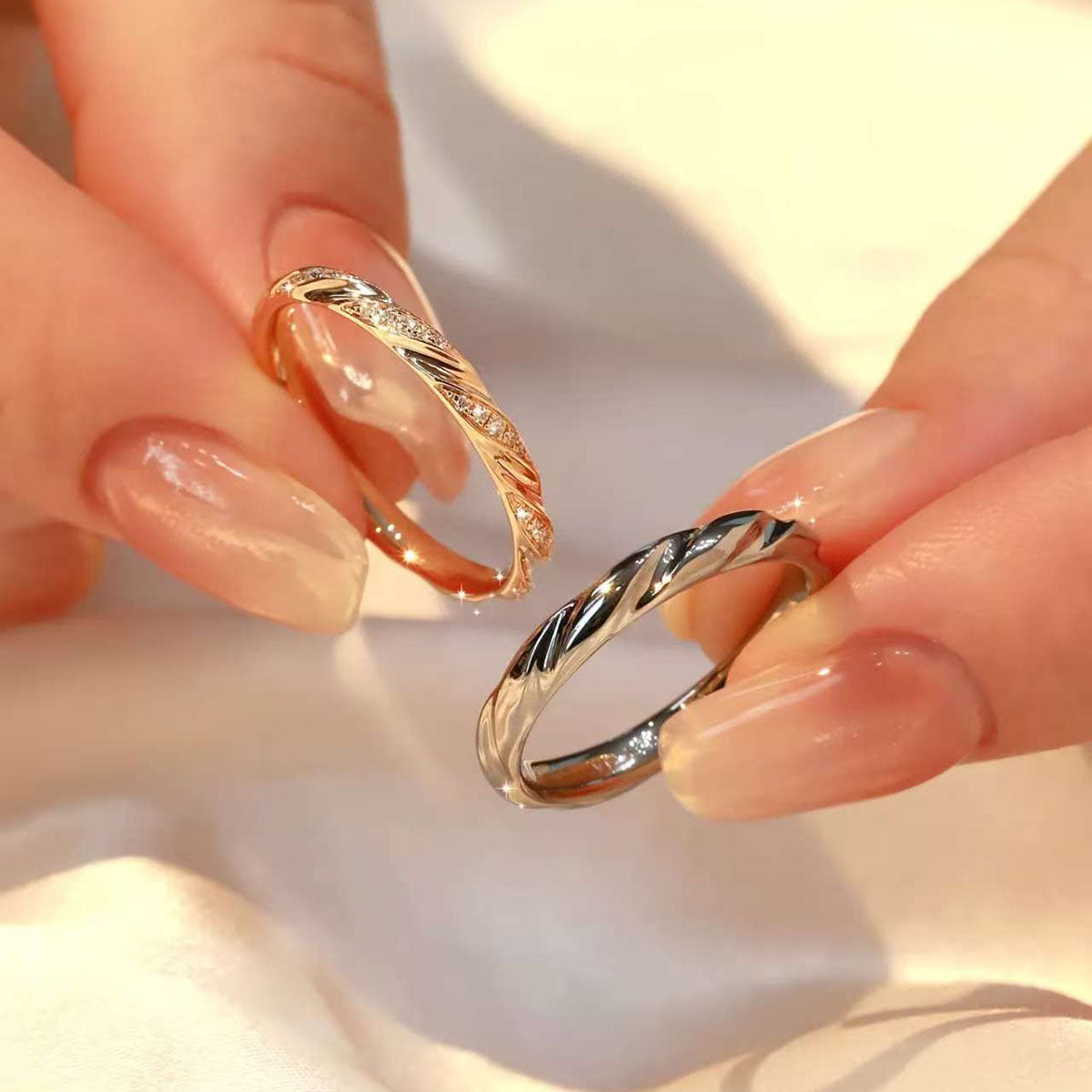 Delicate Diamond Couple Rings, Elegant Fusion of Gold and Platinum with Sparkling Glow