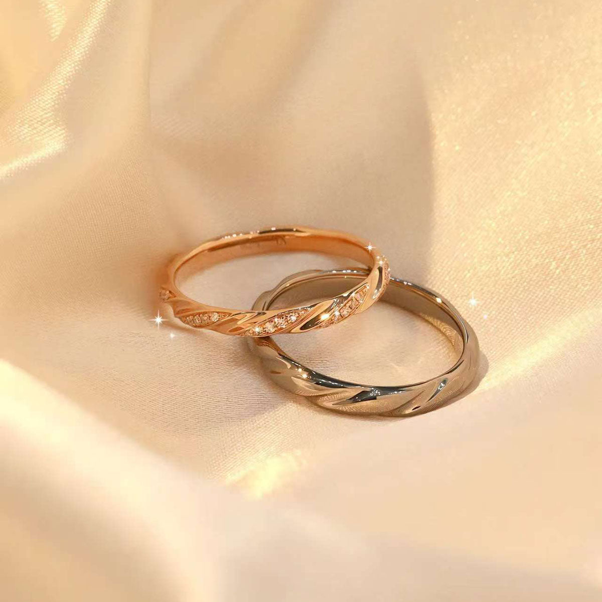 Delicate Diamond Couple Rings, Elegant Fusion of Gold and Platinum with Sparkling Glow
