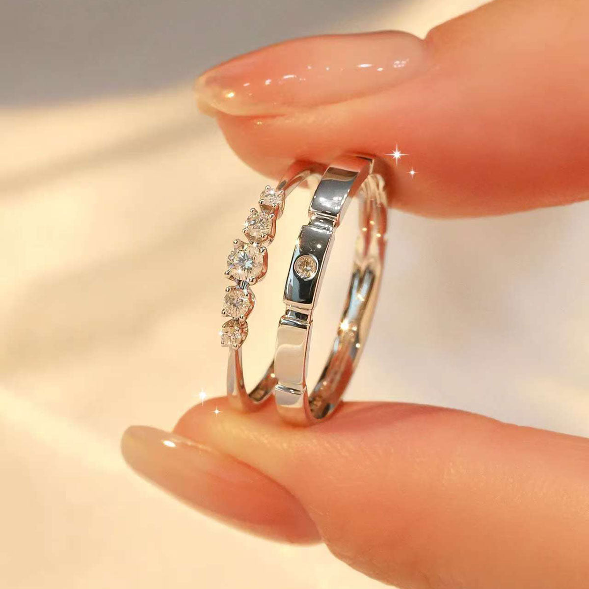 Pave & Plain Band Couple Rings | 14K/18K Gold Lab Diamond Wedding Bands