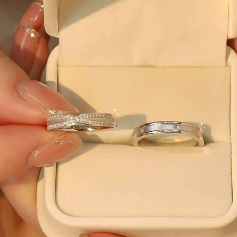 Romantic matching couple rings in silver, bow design with sparkling stones
