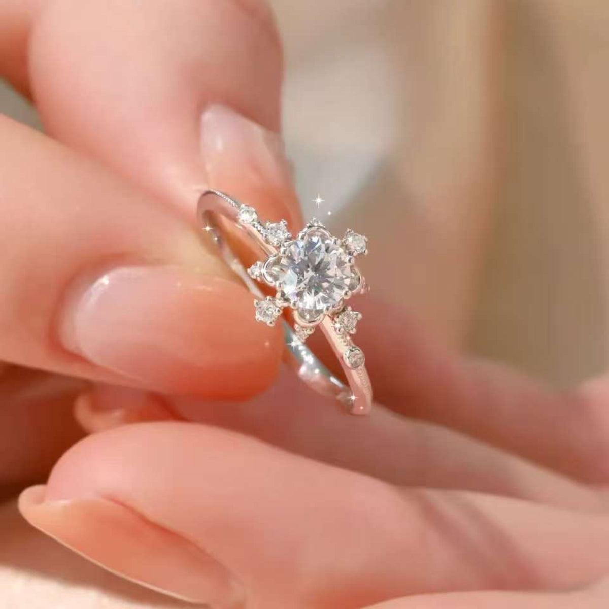 Lab created diamond snowflake ring, delicate solitaire design
