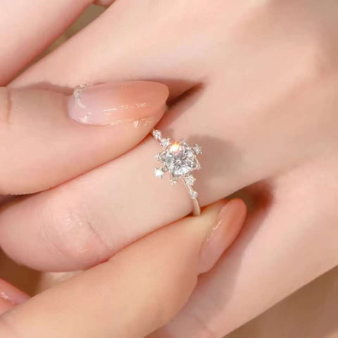 14K white gold snowflake ring worn on finger, romantic gift
