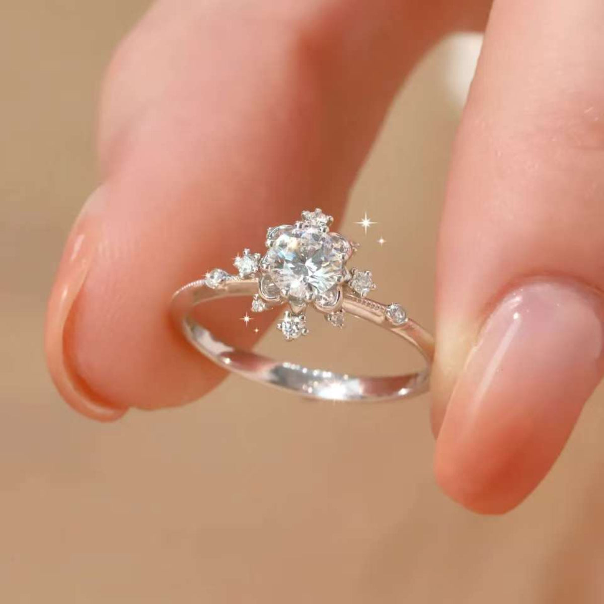 Winter snowflake engagement ring, lab grown diamond jewelry