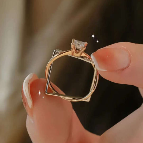 Square Vision geometric frame diamond ring on hand, two-tone gold

