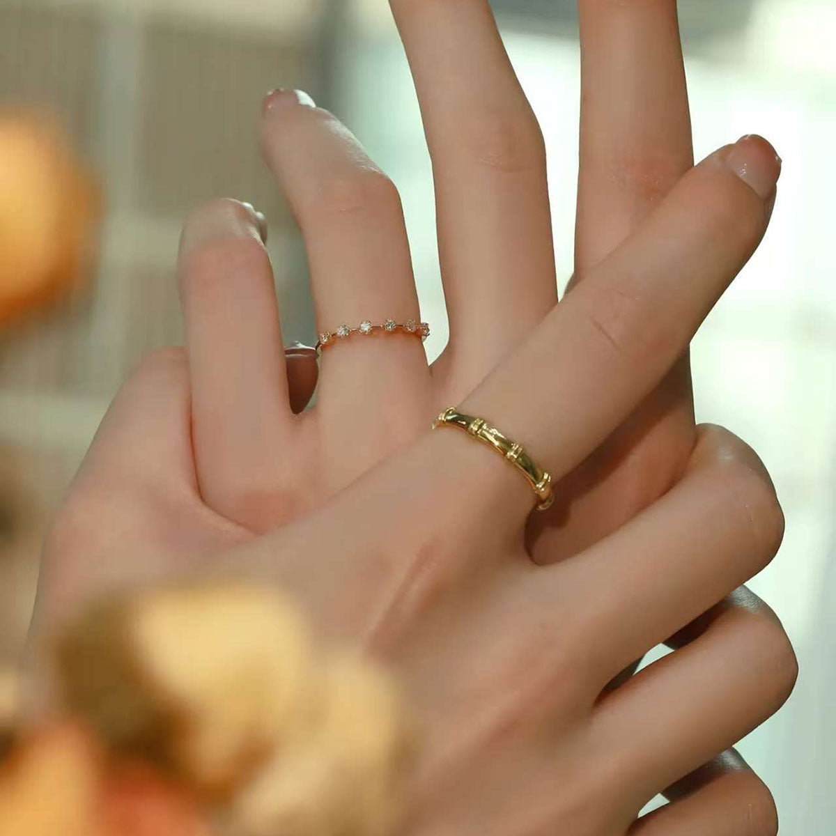 14K/18K Gold Diamond Ring Set with 0.8 Carat Diamonds and Elegant Bamboo Style