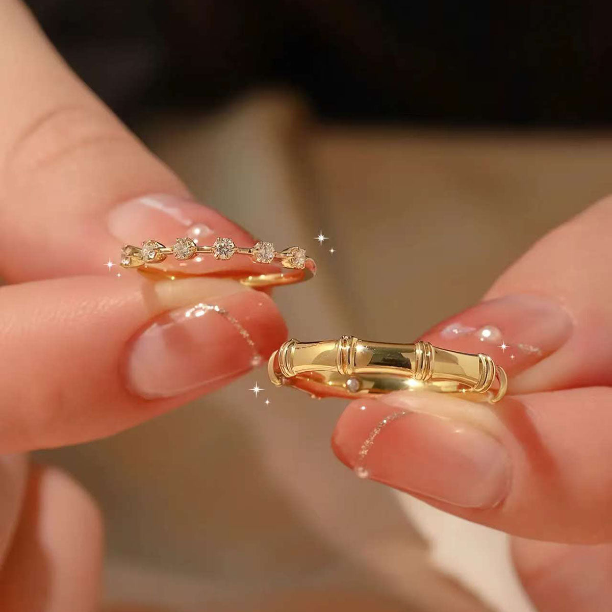 14K/18K Gold Diamond Ring Set with 0.8 Carat Diamonds and Elegant Bamboo Style