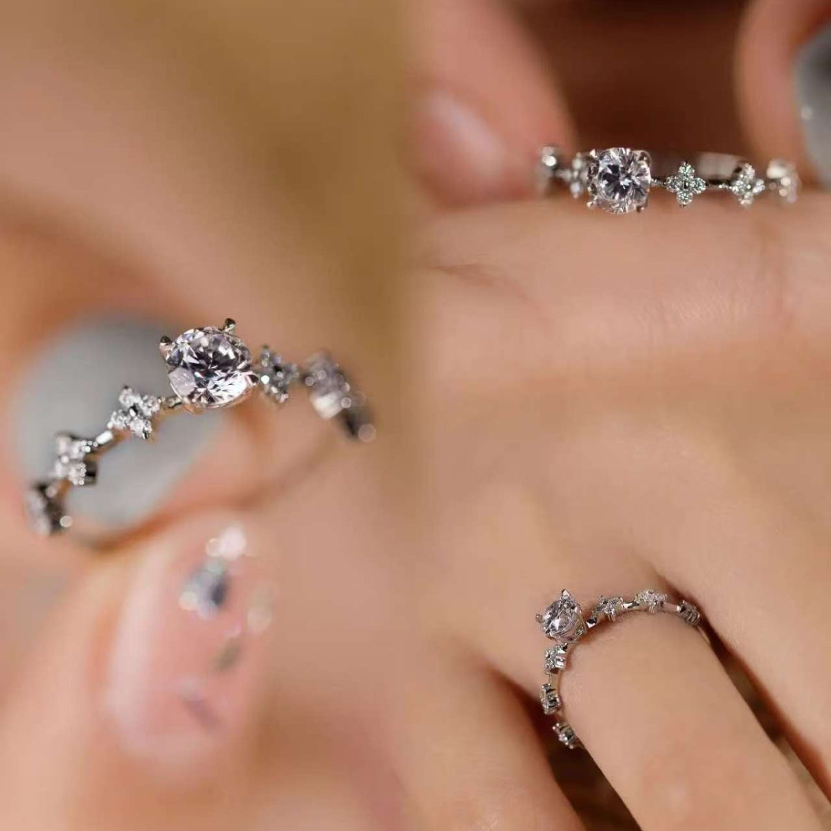 botanical lab-grown diamond ring collage, scattered accent design